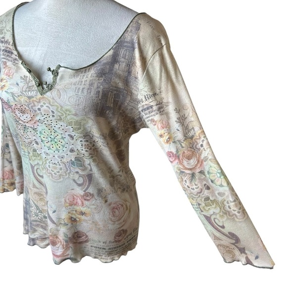 Y2K Vintage One World Floral Rhinestone Embellished Cotton Blend USA Made Blouse - Picture 7 of 9